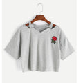 Sexy Embroidered Rose Flower Short T-Shirt